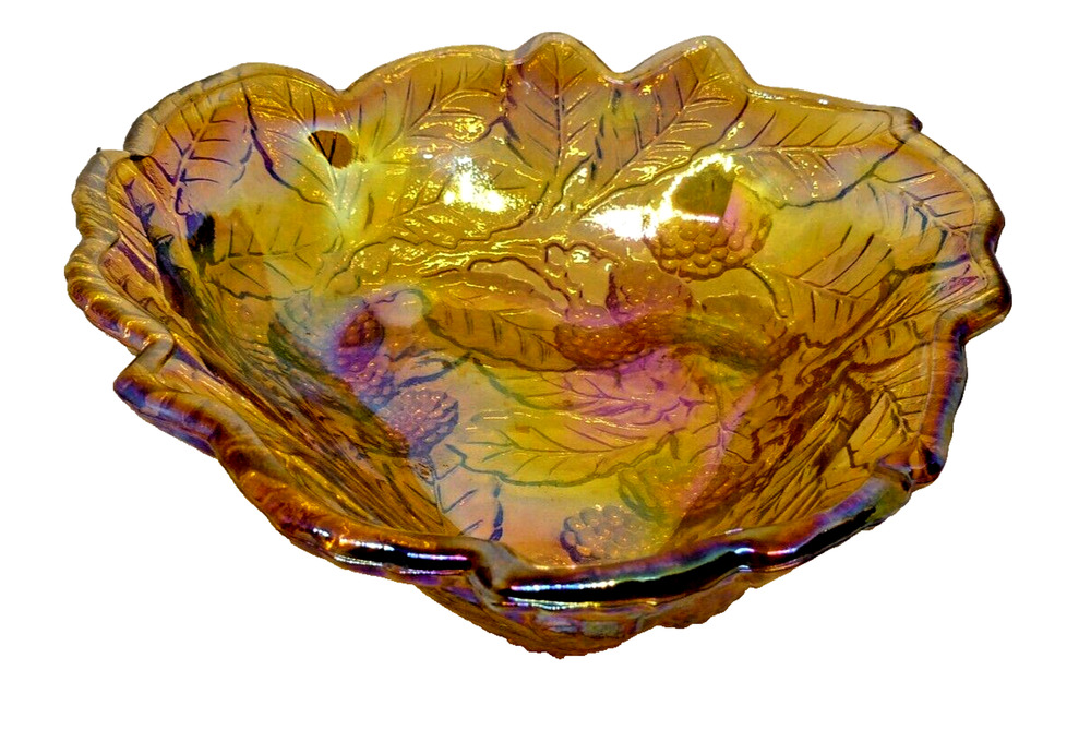 Indiana Iridescent Carnival Glass Amber Marigold Loganberry Nut Candy Dish